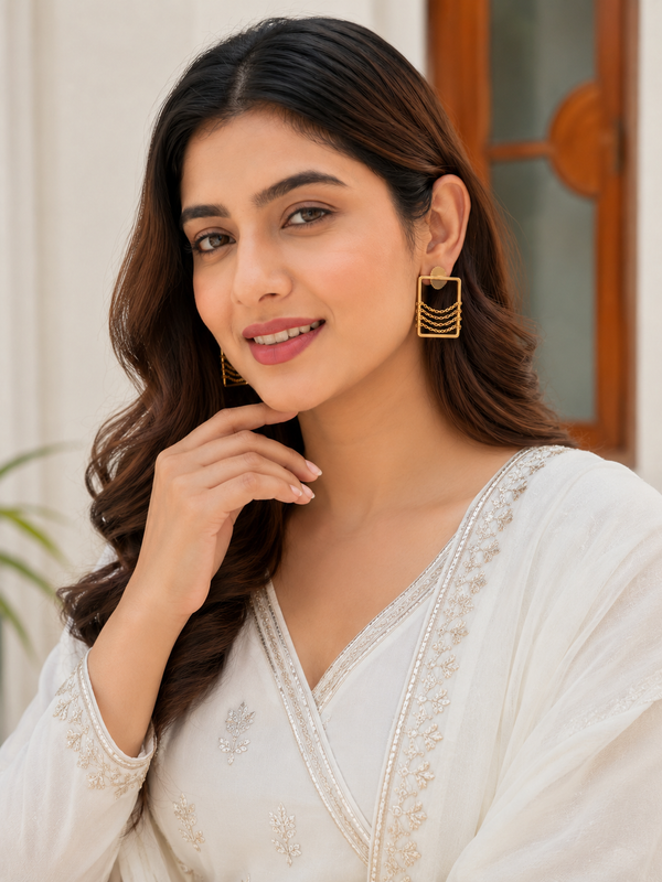 Gold Minimal Square Earrings With Layered Chains