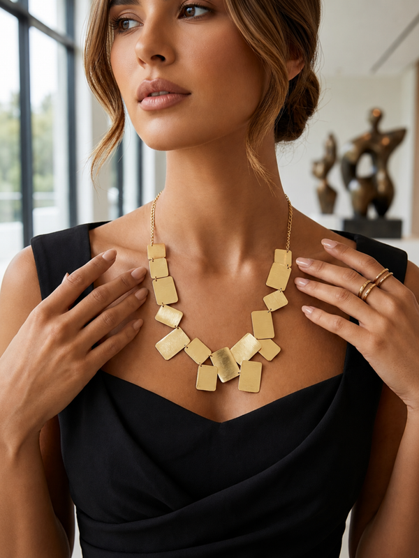 Gold Rectangular Plaque Necklace With Textured Finish