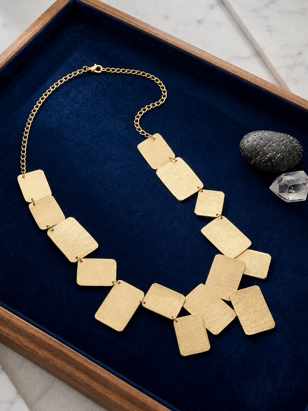 Gold Rectangular Plaque Necklace With Textured Finish