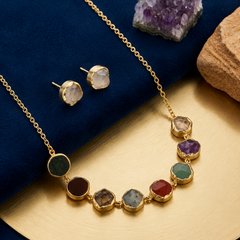 Gold Minimal Necklace Set With Multi Stone Design