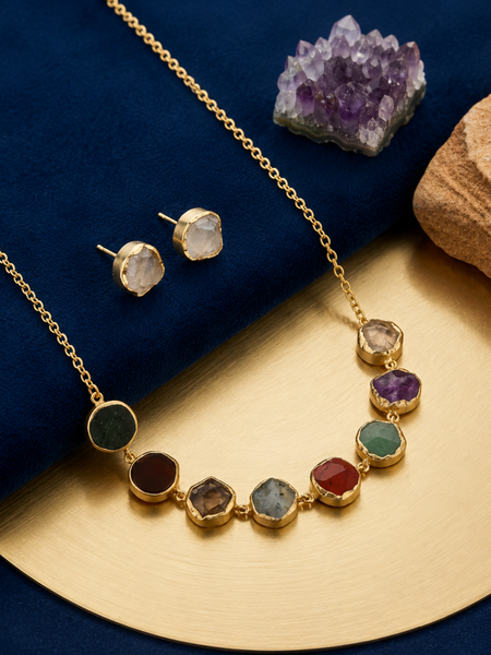 Gold Minimal Necklace Set With Multi Stone Design