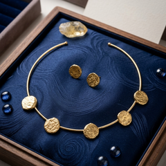 Gold Hammered Disc Necklace Set With Rigid Collar