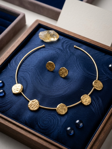 Gold Hammered Disc Necklace Set With Rigid Collar