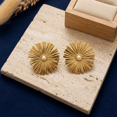 Gold Elegant Sunburst Earrings With Pearl Center