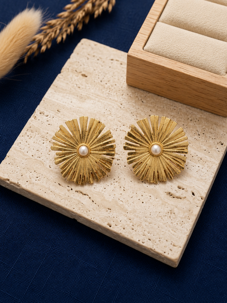 Gold Elegant Sunburst Earrings With Pearl Center