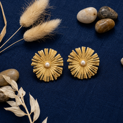 Gold Elegant Sunburst Earrings With Pearl Center
