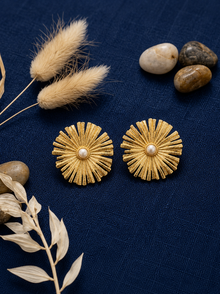 Gold Elegant Sunburst Earrings With Pearl Center