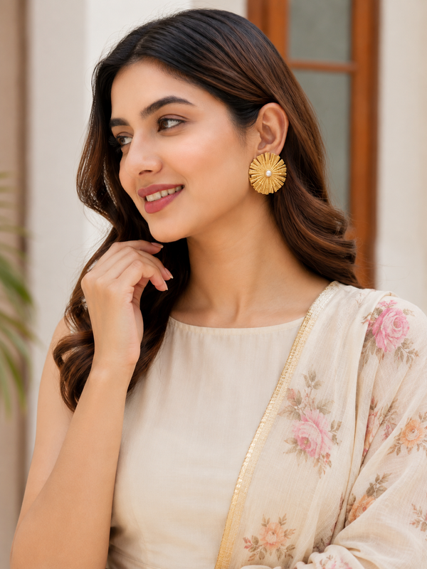 Gold Elegant Sunburst Earrings With Pearl Center