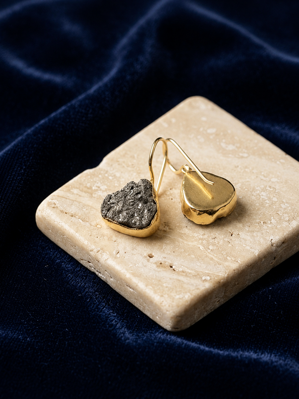 Gold Natural Pyrite Stone Earrings For Everyday Wear