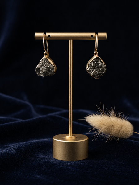 Gold Natural Pyrite Stone Earrings For Everyday Wear