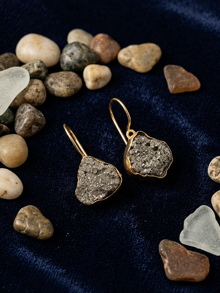 Gold Natural Pyrite Stone Earrings For Everyday Wear