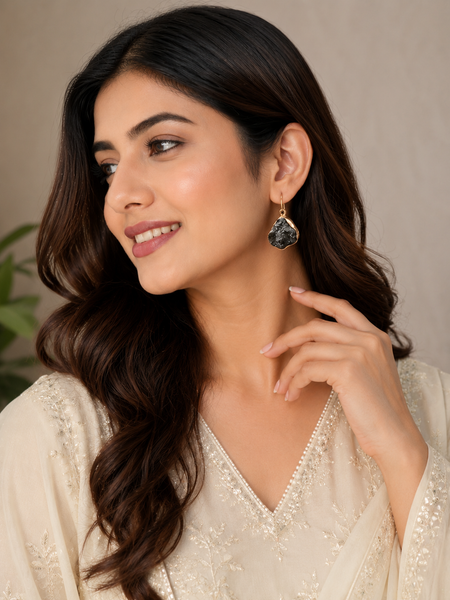 Gold Natural Pyrite Stone Earrings For Everyday Wear