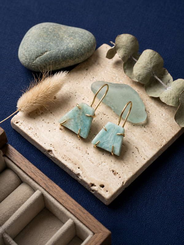 Gold Natural Amazonite Earrings With Unique Raw Shape