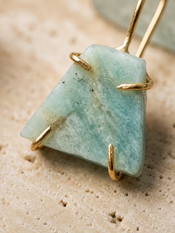 Gold Natural Amazonite Earrings With Unique Raw Shape