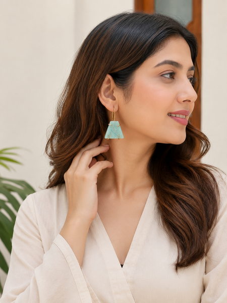 Gold Natural Amazonite Earrings With Unique Raw Shape
