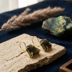 Gold Minimal Labradorite Stone Earrings With Raw Finish