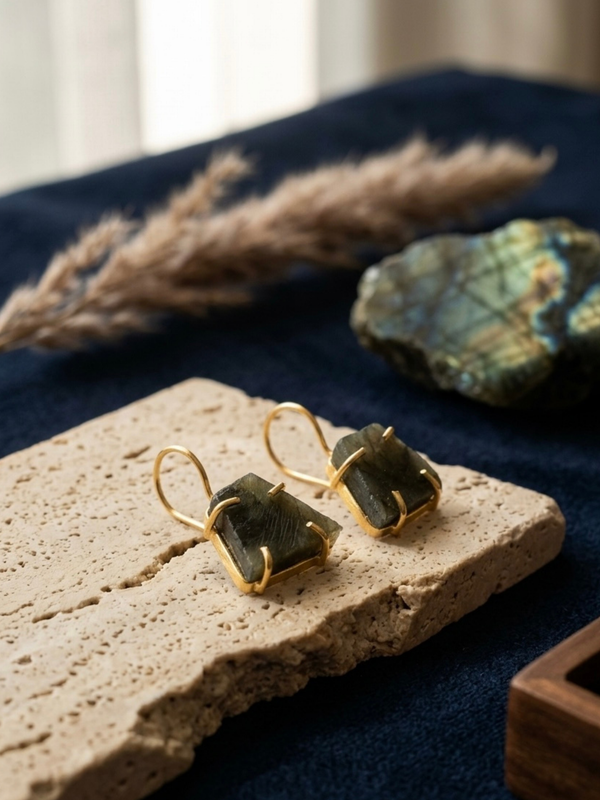 Gold Minimal Labradorite Stone Earrings With Raw Finish