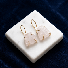 Gold Rose Quartz Earrings With Raw Cut Shape