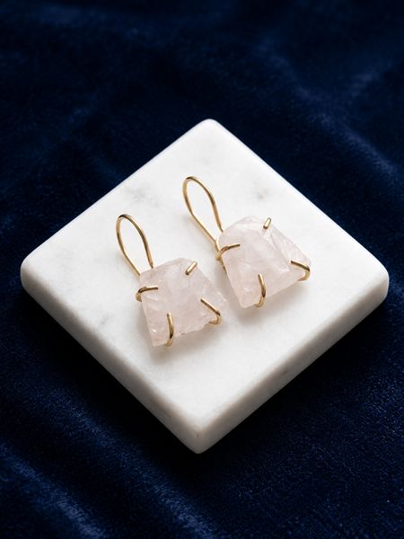 Gold Rose Quartz Earrings With Raw Cut Shape