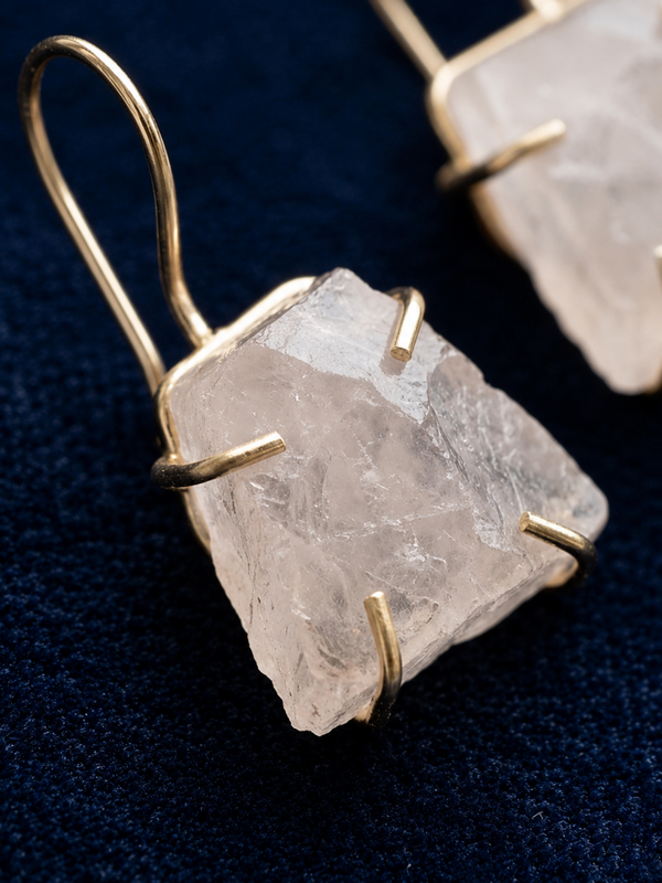 Gold Rose Quartz Earrings With Raw Cut Shape