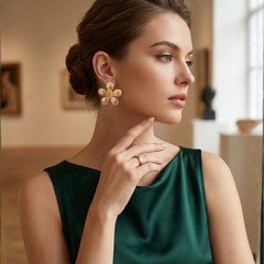 Gold Textured Floral Earrings With Carnelian Stone Detail