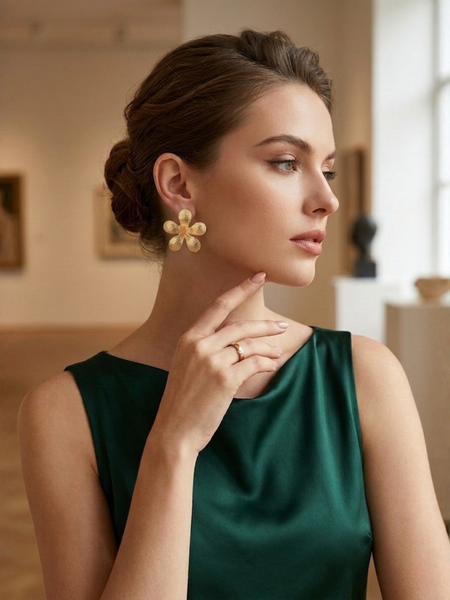 Gold Textured Floral Earrings With Carnelian Stone Detail