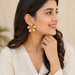 Gold Textured Floral Earrings With Carnelian Stone Detail