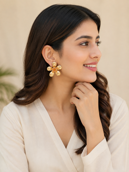 Gold Textured Floral Earrings With Carnelian Stone Detail