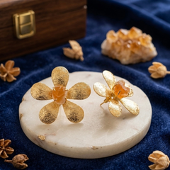 Gold Textured Floral Earrings With Carnelian Stone Detail
