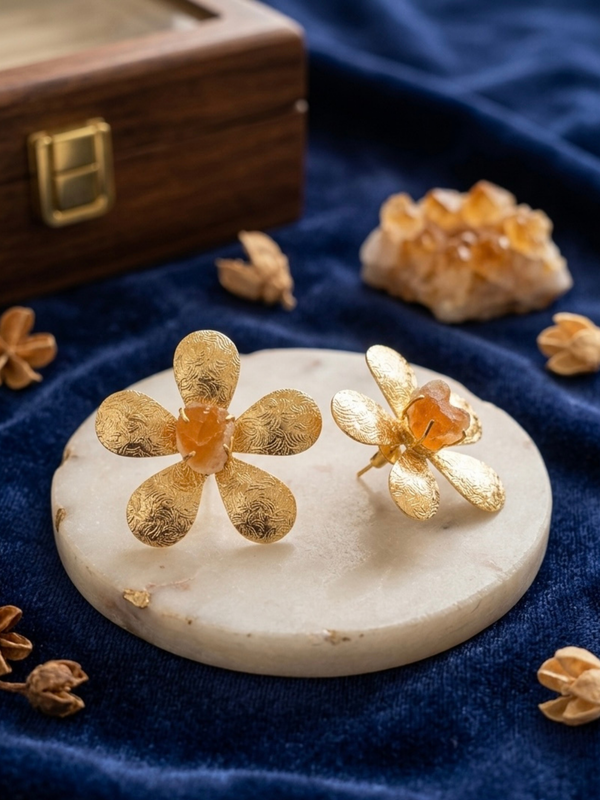 Gold Textured Floral Earrings With Carnelian Stone Detail