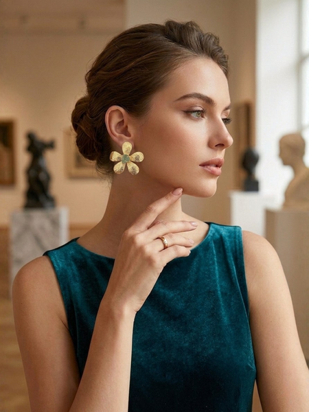 Gold Floral Earrings With Green Fluorite Stone Center