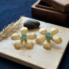 Gold Floral Earrings With Green Fluorite Stone Center
