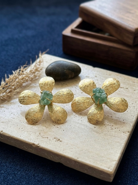 Gold Floral Earrings With Green Fluorite Stone Center