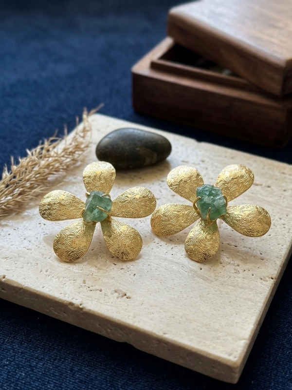 Gold Floral Earrings With Green Fluorite Stone Center