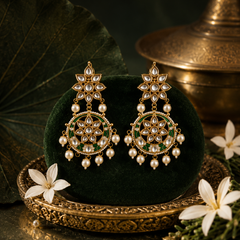 Gold Plated Green Danglers with White Pearls