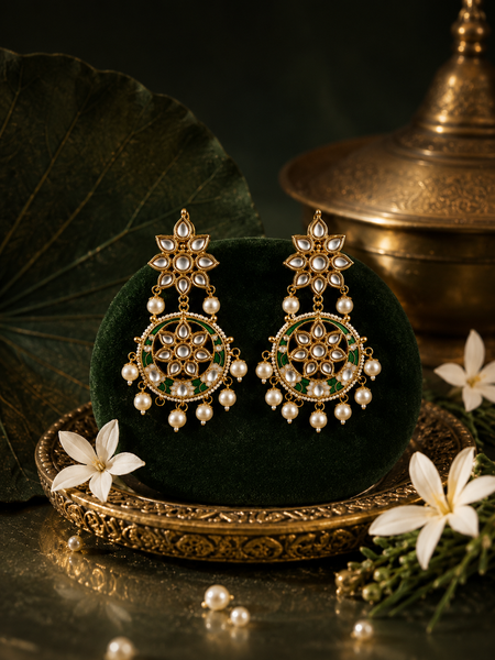 Gold Plated Green Danglers with White Pearls