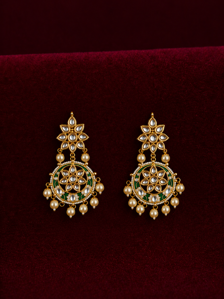 Gold Plated Green Danglers with White Pearls