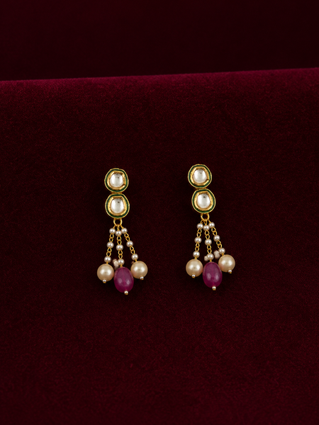 Gold Finish Danglers With Pink & White Pearls