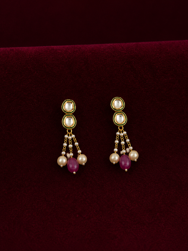 Gold Finish Danglers With Pink & White Pearls