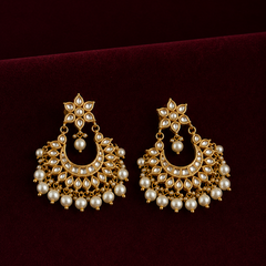 Gold Finish Chandbaali Earrings with White Pearls
