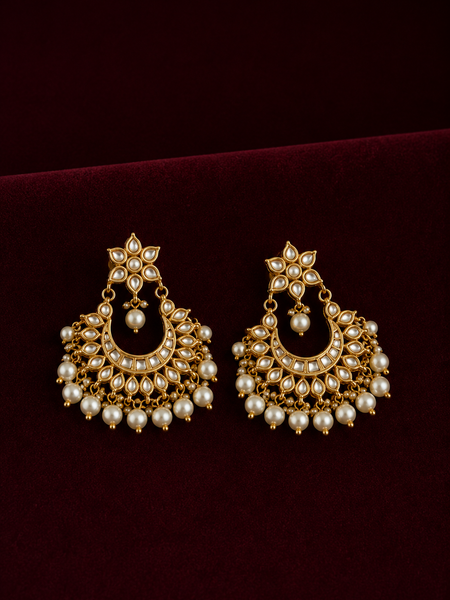 Gold Finish Chandbaali Earrings with White Pearls
