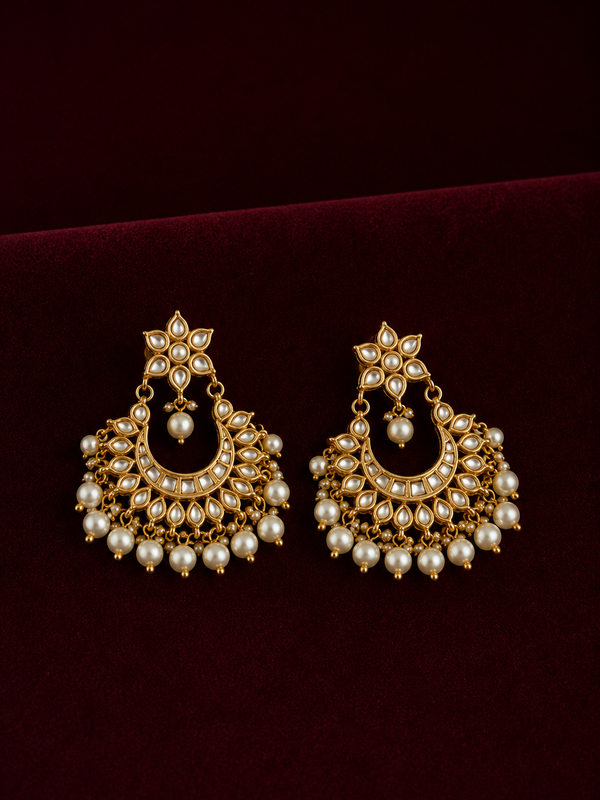 Gold Finish Chandbaali Earrings with White Pearls