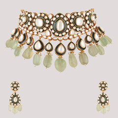 Gold Plated Kundan Studded Green Necklace Set With Earrings