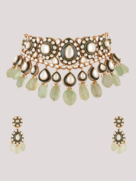 Gold Plated Kundan Studded Green Necklace Set With Earrings