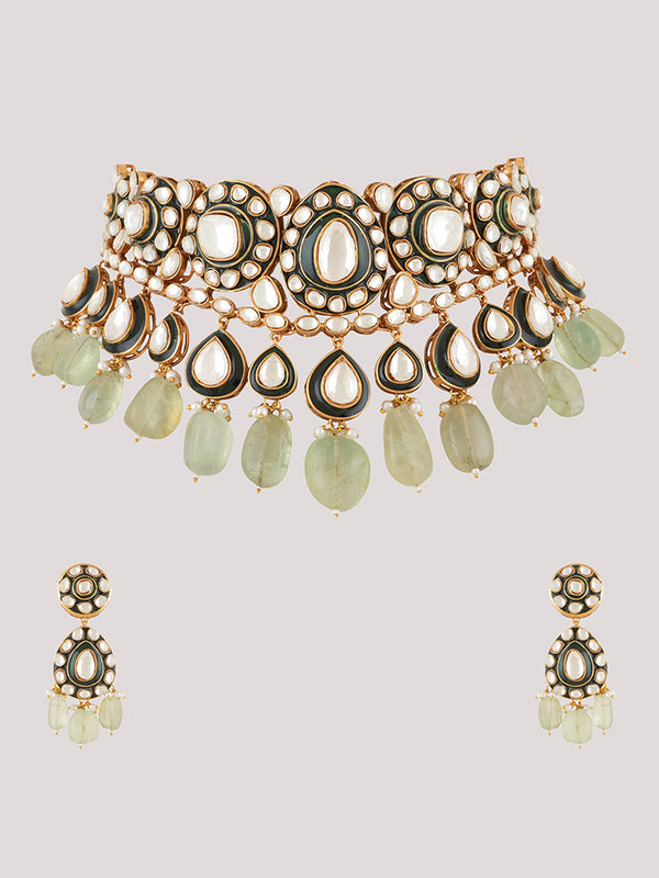 Gold Plated Kundan Studded Green Necklace Set With Earrings