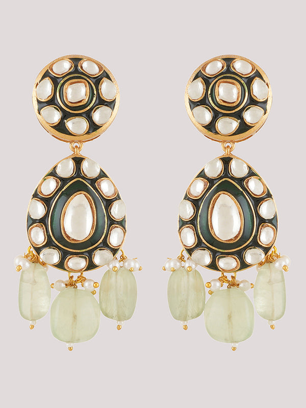 Gold Plated Kundan Studded Green Necklace Set With Earrings