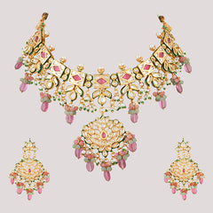 Gold Plated Pink Kundan Choker Necklace Set With Earrings