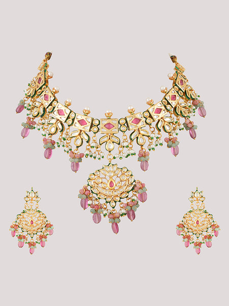 Gold Plated Pink Kundan Choker Necklace Set With Earrings