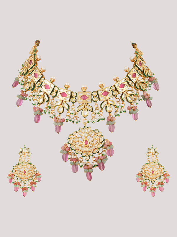 Gold Plated Pink Kundan Choker Necklace Set With Earrings