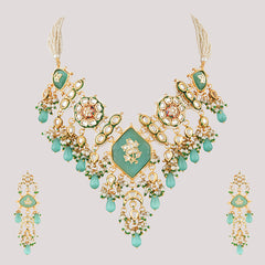 Gold Plated Kundan Studded Green Choker Necklace Set With Earrings